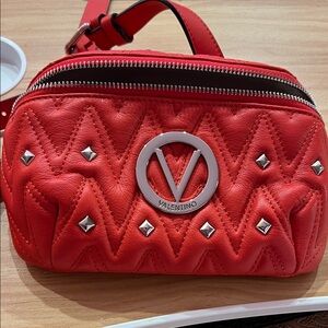 Valentino Red Quilted V Logo Studded Crossbody Bag